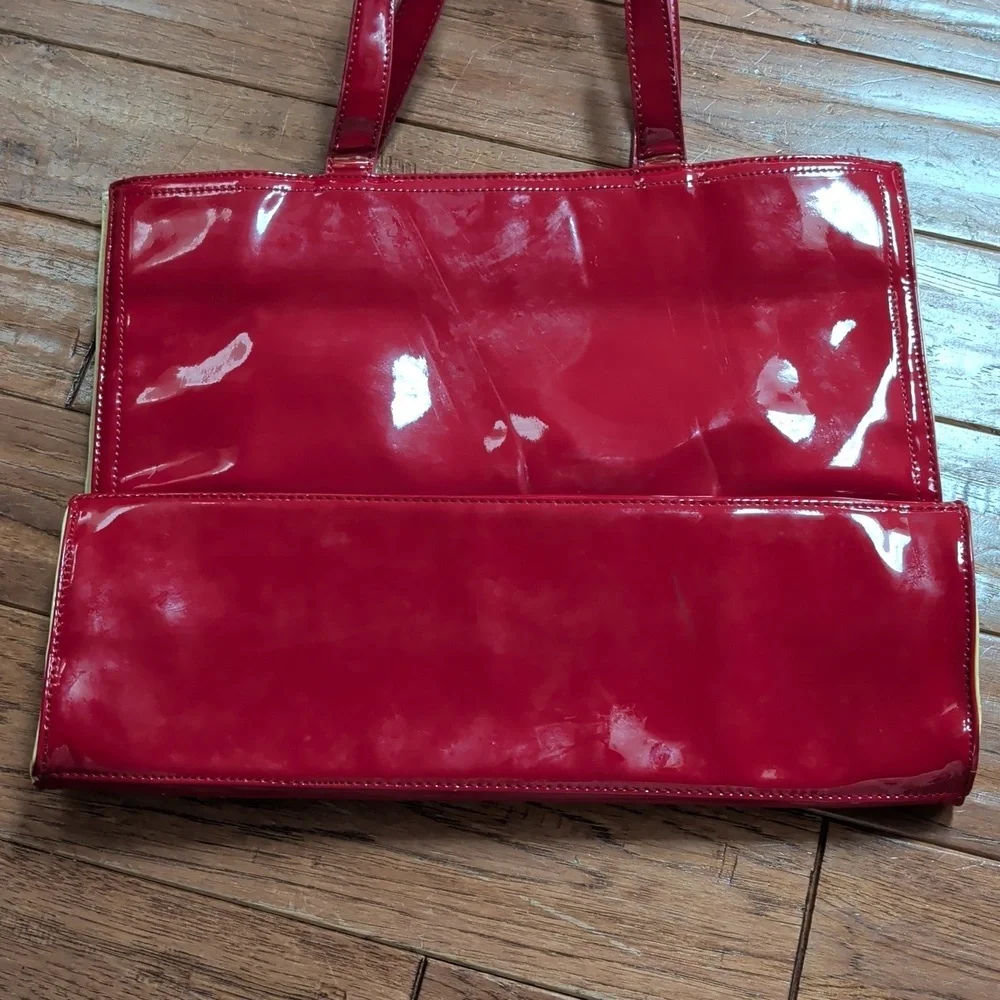 Tory Burch Ella Patent Red Yellow Perforated Tote Bag NEEDS WORK